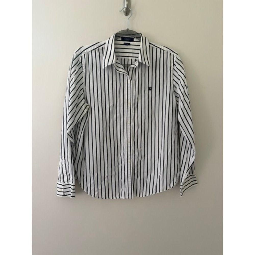 Chaps Womens White Navy Blue Striped Long Sleeve Cotton Button Down Shirt Large